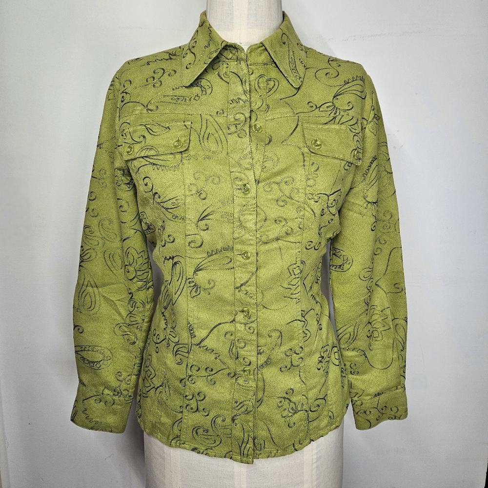 Chico's Size 1/M Shirt Shacket Button Down Floral Embroidered Green Microfiber